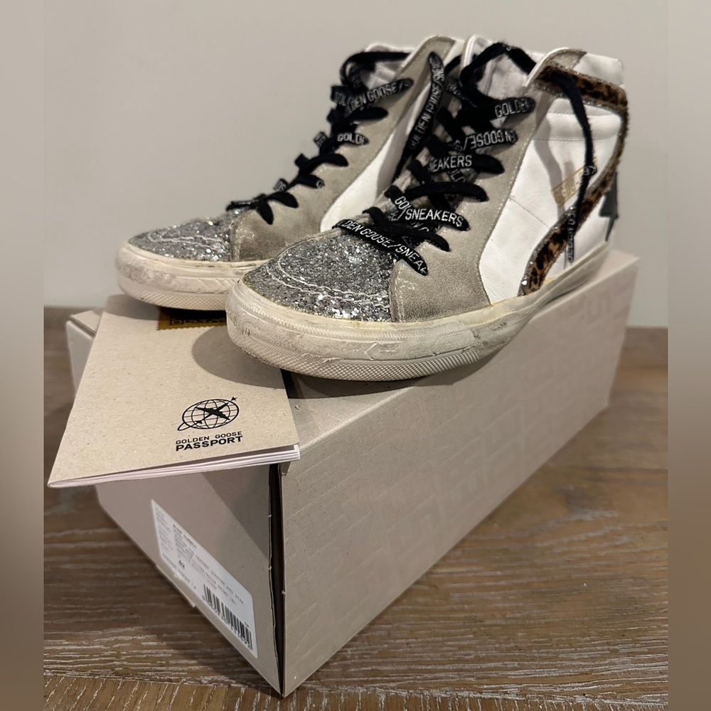 Golden Goose Silver and White High-Top Sneakers